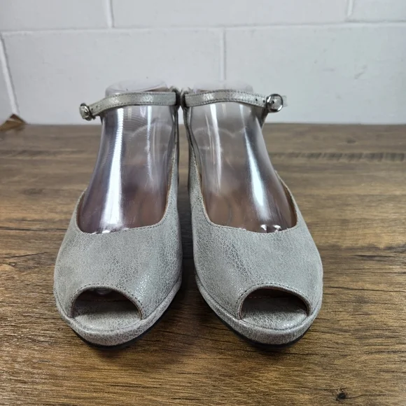 L'Amour Des Pieds Burgogne Gray Leather Slingback Wedge Sandals - Picture 11 of 12